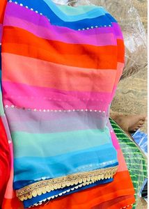 Colorful Striped Saree With Golden Zari Border