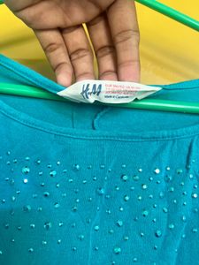 Teal Blue 3/4 Sleeve Embellished Casual Top