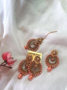Ethnic Earrings And Maangtika Set With A Free Pendant