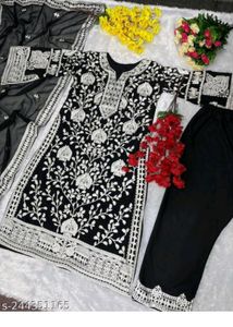 Ganderi Women's Georgette Chain Work Embroidered Kurta And Palazzo With Dupatta Set