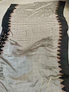 Elegant Grey &amp; Black Sari with Floral Detail