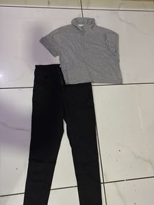 Gray Top & Black Jeans Set