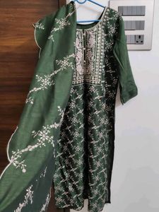 Dark Green Full Embroidery Kurti With Shawl
