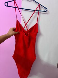 Red Ribbed Bodysuit
