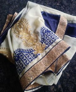 Blue And Cream Colour Saree