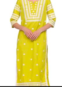 Myntra Lime Yellow Embroideried Chikankari Kurti