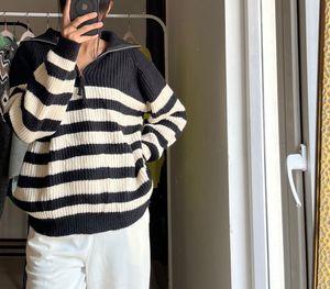 Stripe Semi-high neck zipper pullover