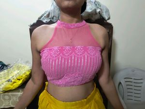 Designer Yellow Skirt With Pink Halter Neck Top