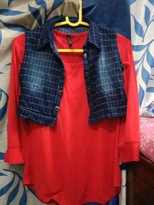 Girls Red Top with Denim Vest