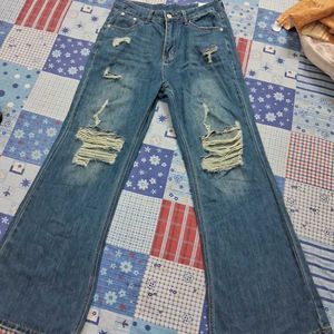 Blue Denim Distressed Jeans Bootcut