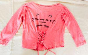 Peach Colour Cat Graphic Lace-up Top