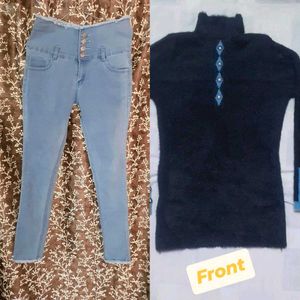 High-Waisted Jeans & Turtleneck Sweater