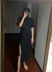 Metallic Polkadot Puff Sleeve Midi Dress