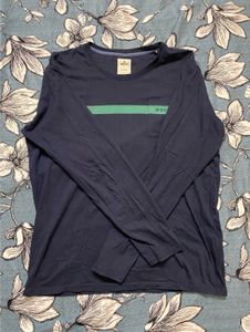 WROGN Men Navy Blue Striped Round Neck PureCotton