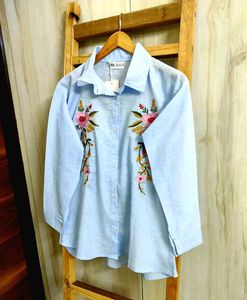 Sky Blue Embroidery Work Cotton Shirt Size-36
