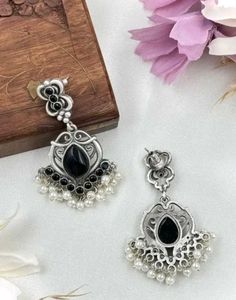 German Silver Oversized Stone  Studs Earrings