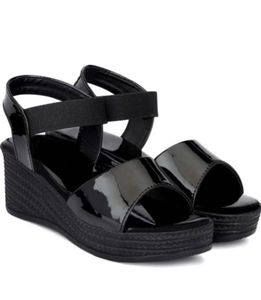 Sleek Black Patent Wedge Sandals
