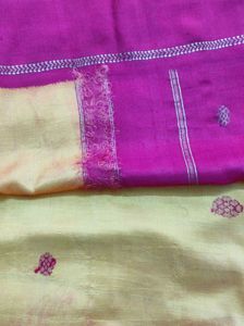 Yellow &amp; maroon red pure Silk Saree