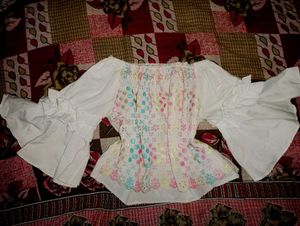 White Embroidered Half Shoulder Top
