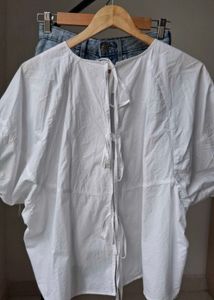 KOREAN White Puff Sleeve Tie-Back Blouse
