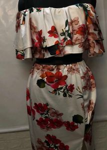 Floral Off Shoulder Cord Set With Pencil Skirt