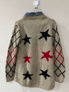 Wool Sweater With Denim Collar