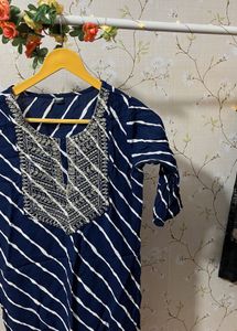 Navy Striped Embroidered Kurti