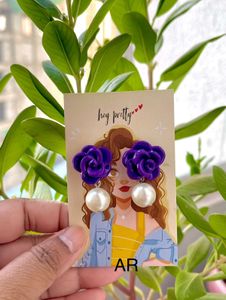 Purple Rose With Pearl Drop Earring