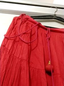 Red Cotton Skirt With Border In Bottom Pure Cotton Fabric With Inner Cotton Lining