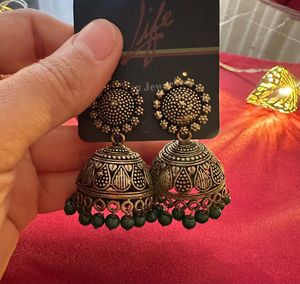 Green Ethnic Jhumka Earrings