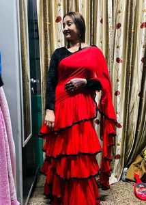 Readymade Red Ruffle Saree with Black Shiny Border