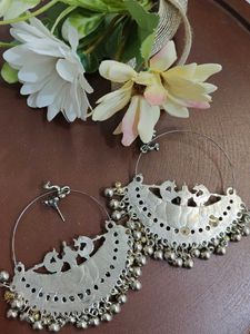 Statement Silver Kundan Hoop Earrings