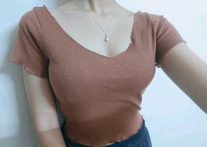 Brown Ribbed V + Boat Neck Top