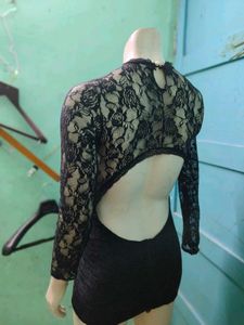 Black Lace Mock Neck Mini Dress
