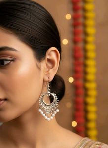 Silver Earrings with White Beads Very Light Weight