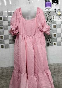 Pink Maxi Dress with Puff Sleeves