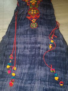 A-line Long Embroidered Kurta With Pompom Latkn
