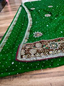 Green heavy party wear  handwork Saree
