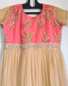 Biscuit And Rose Colour Combination Beautiful Long Dress.