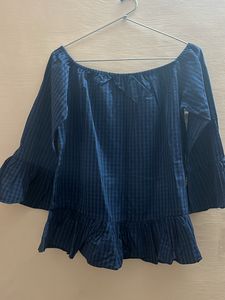 Blue Check Off-shoulder Cotton Top