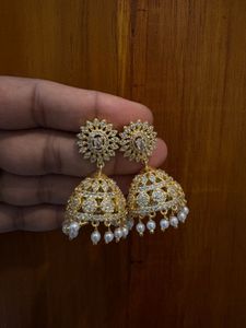 white AD Stone Golden Jhumka  For Women’s &amp; Girls