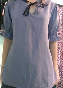 Blue Ruffle Neck Blouse