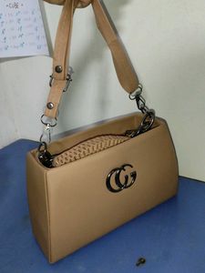 Beige Shoulder Bag with Silver Logo