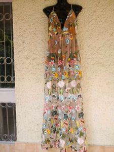 Floral Embroidered Net Maxi Dress with bodysuit