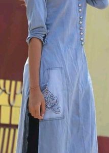Faded Denim Kurta With Pockets