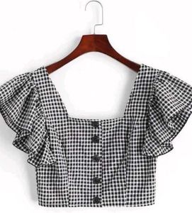 Gingham Ruffle Sleeve Crop Top