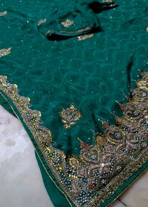 Green Embroidered Saree with dimond peach work