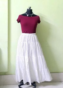 Combo white Embroidered Skirt and Wine Top