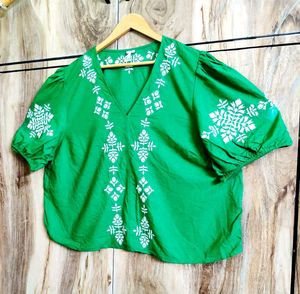 Green Embroidery Work Cotton Top Size-44