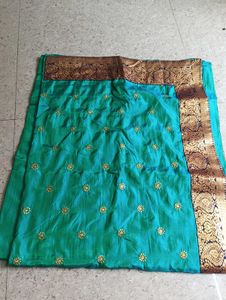 Teal Silk Saree with Gold Embroidery